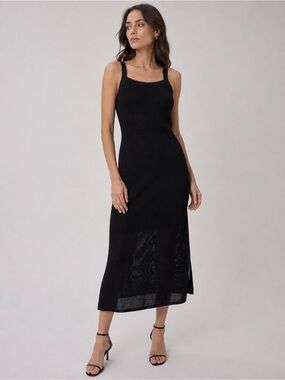 Theory Pointelle Textured Knit Midi Dress Sleeveless Straight Fit Black M NWT